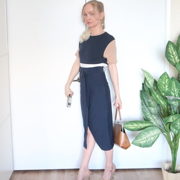 Zarina Smart Navy Blue False Wrap Midi Career Pencil Skirt With Belt S - Picture 15 of 16